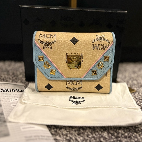 MCM Handbags - MCM Visetos Trifold Beige and blue Leather Wallet